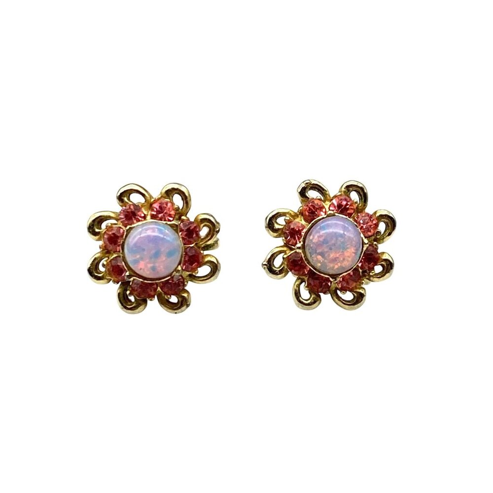 Coro Faux Opal and Pink Crystal Flower Earrings, Vintage Screw Back